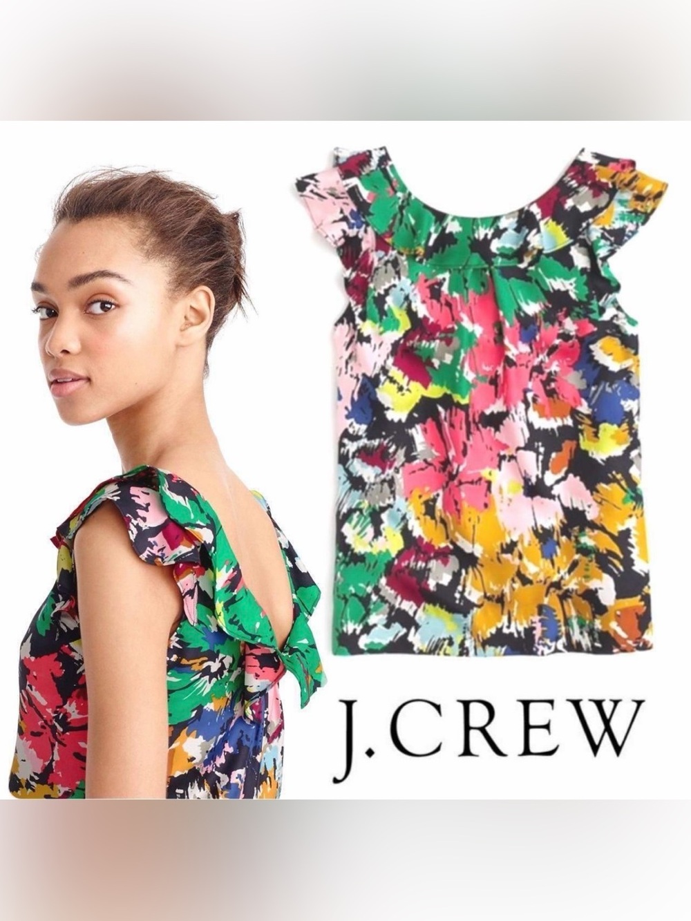 J. Crew Multicolor Ruffle Neckline 100% Silk Blouse size 2